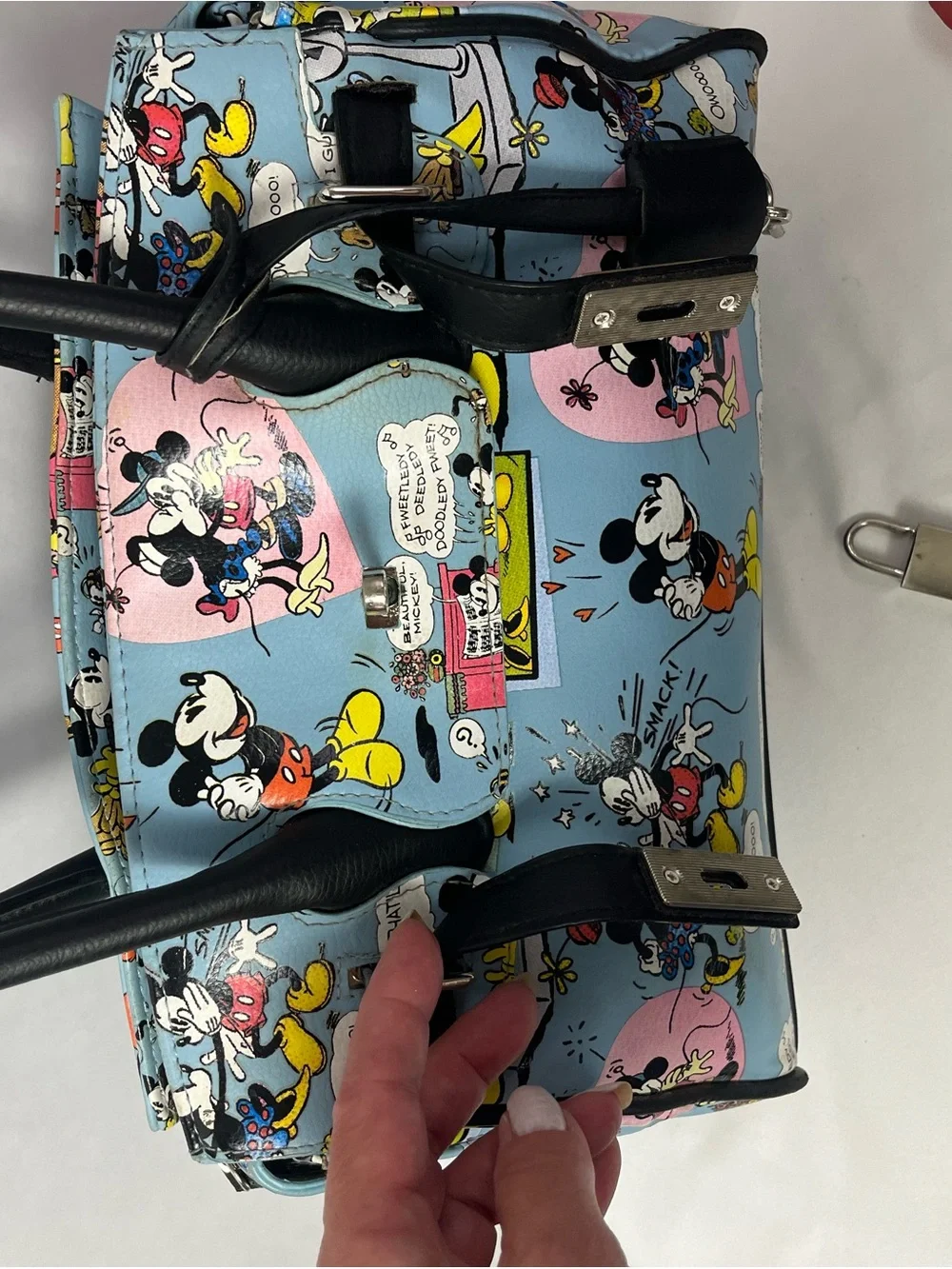 Disney Blue Mickey & Minnie Cartoon Satchel with Black Trim